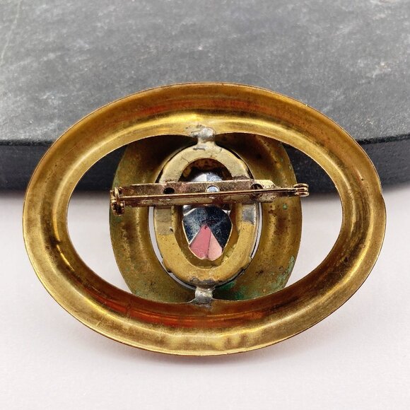 ANTIQUE Big Edwardian brass and dark purple glass stone oval brooch ~ 1910s pin - Picture 10 of 10